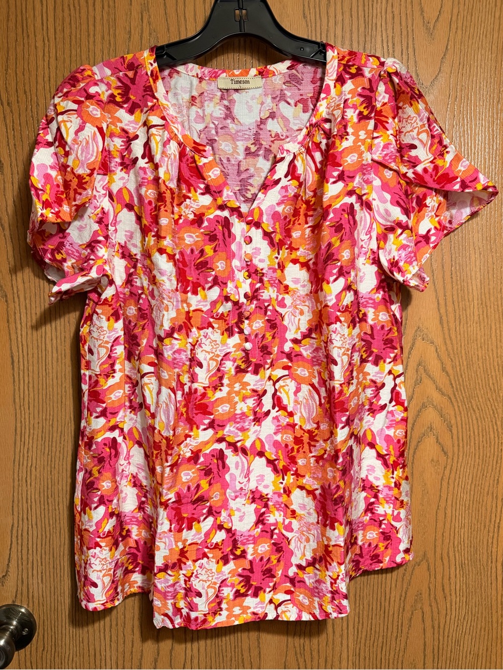 EUC Timeson Tunic-Style Floral V-Neck Blouse - Pink & Orange